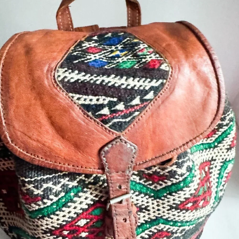 Vintage Handmade Ethnic Kilim Leather LArge Backpack